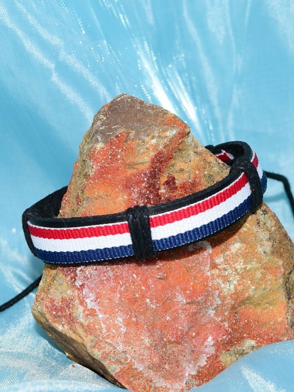 Rey Ribbon Slide Tie Leather Bracelet Red White Blue Stripe Womens Gift Boxed